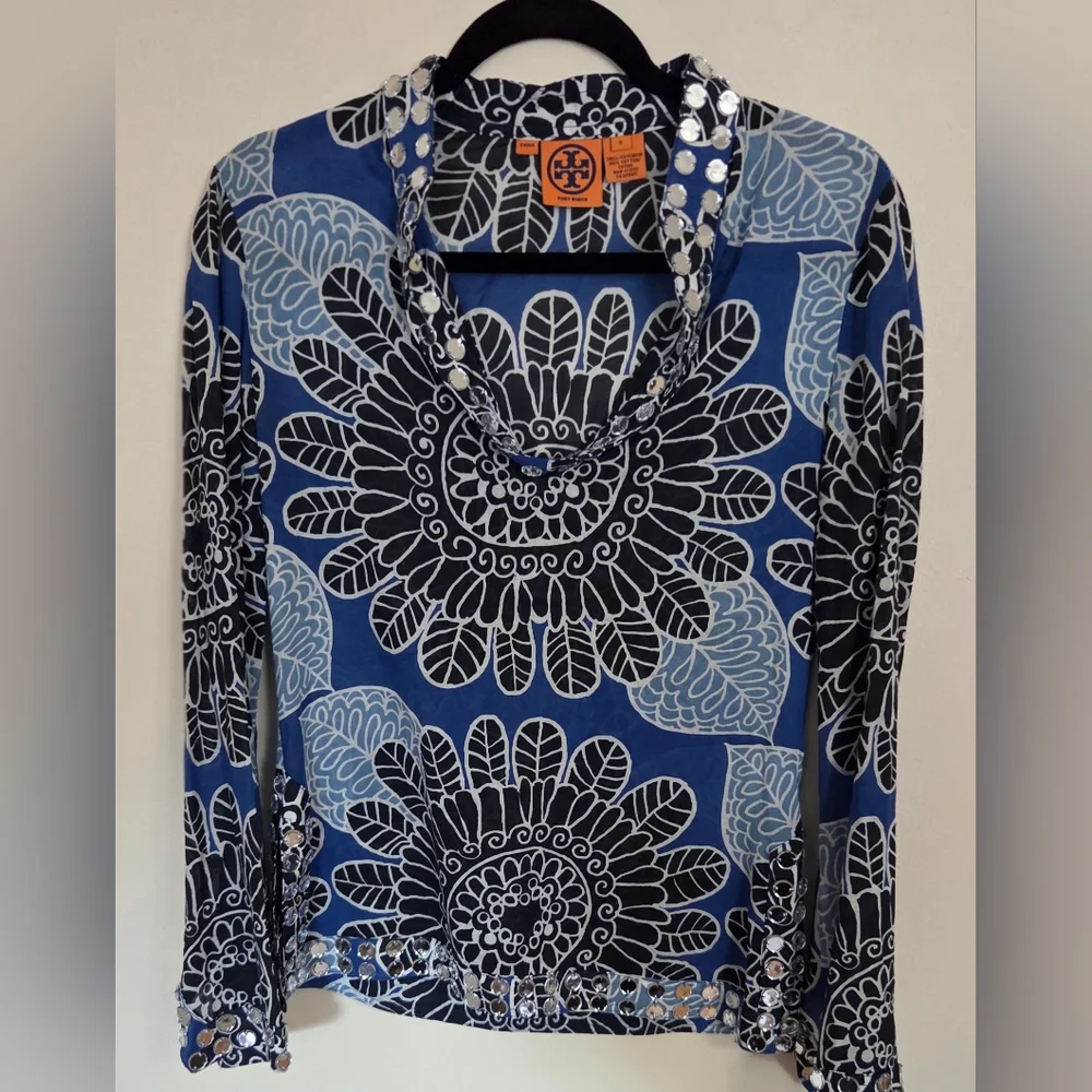 Tory Burch Stephanie Tunic with Mirror Embellished Top Size 0 Navy Tuscan